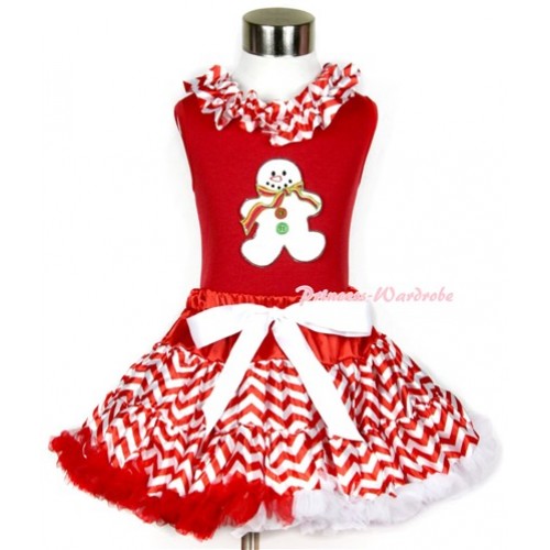 Xmas Red Tank Top with Christmas Gingerbread Snowman Print & Red White Wave Satin Lacing With Red White Wave Pettiskirt CM132 