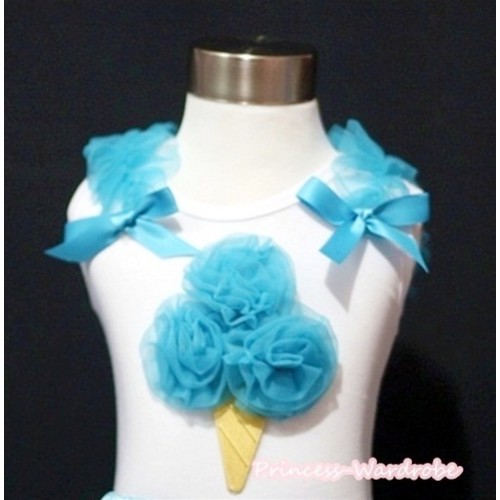 Peacock Blue Ice Cream White Tank Top with Peacock Blue Ruffles and Ribbon TS361 