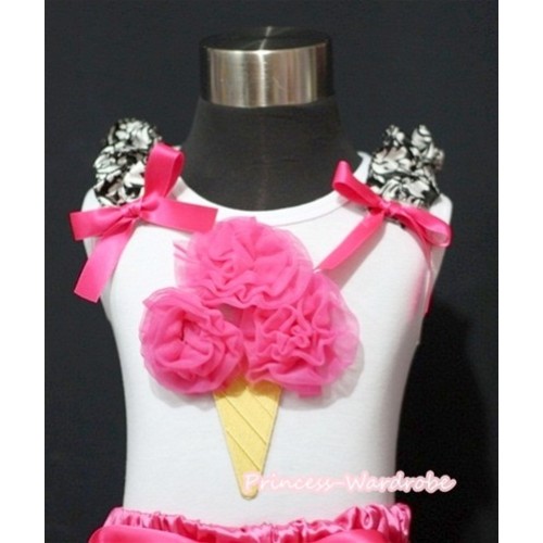 Hot Pink Ice Cream White Tank Top with Damask Ruffles and Hot Pink Ribbon TS362 