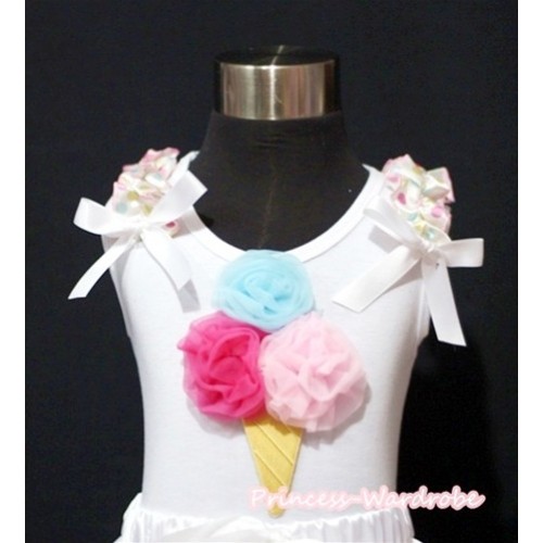 Light Blue Hot Pink Light Pink Ice Cream White Tank Top with White Rainbow Polka Dots Ruffles and White Ribbon TS363 