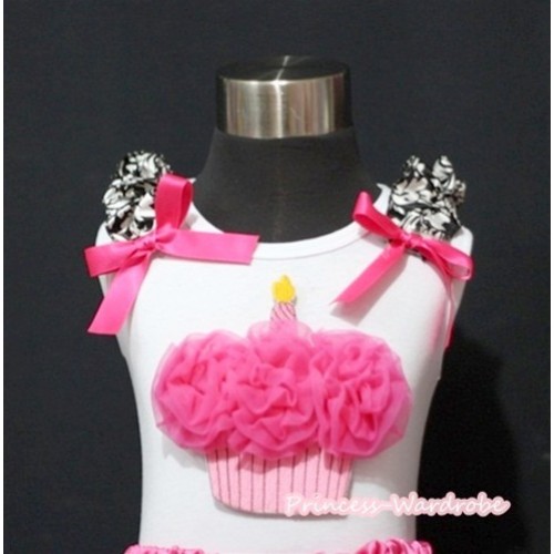 Hot Pink Birthday Cake White Tank Top with Damask Ruffles and Hot Pink Bow TC14 