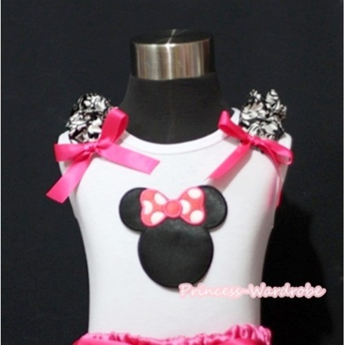 Hot Pink Minnie Print White Tank Top with Damask Ruffles and Hot Pink Bow T373 