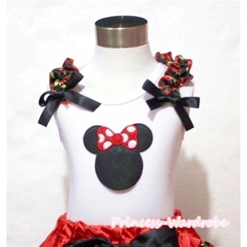Minnie Print White Tank Top with Black Cherry Ruffles and Black Bow T374 