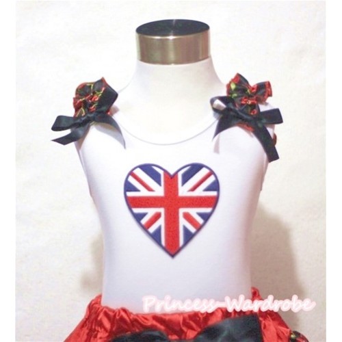 Patriotic British Flag Heart White Tank Top with Black Cherry Ruffles Black Bows TB471 