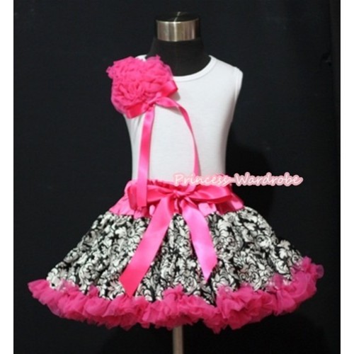 Hot Pink Damask Pettiskirt with a Bunch of Hot Pink Rosettes and Bow White Tank Top MG406 