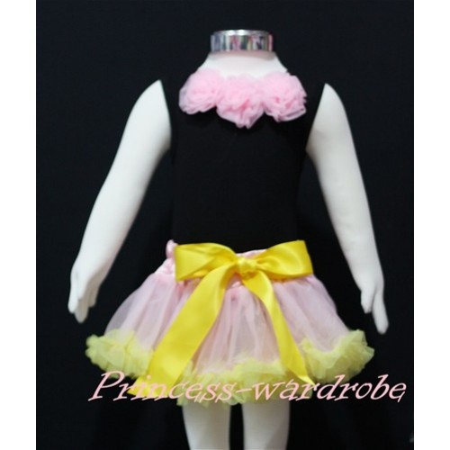Black Baby Pettitop & Light Pink Rosettes with Light Pink Yellow Baby Pettiskirt NG144 