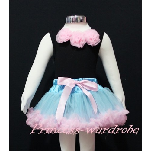 Black Baby Pettitop & Light Pink Rosettes with Light Blue Light Pink Baby Pettiskirt NG147 