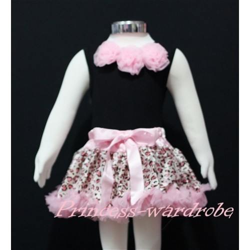 Black Baby Pettitop & Light Pink Rosettes with Light Pink Leopard Baby Pettiskirt NG148 