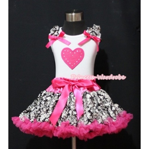 Hot Pink Pettiskirt with Hot Pink Heart Print White Tank Top With Damask Ruffles & Hot Pink Bows MM181 