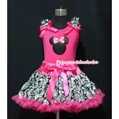 Hot Pink Damask Pettiskirt & Hot Pink Minnie Print Hot Pink Tank Top with Damask Ruffles and Hot Pink Bows MM221 