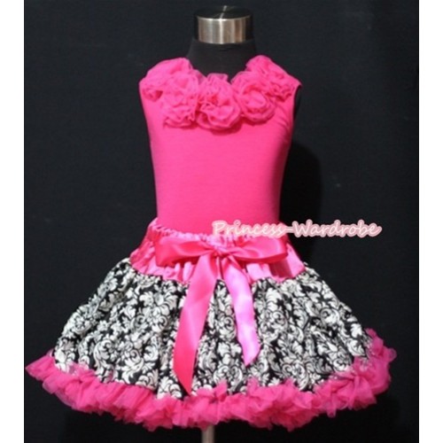 Hot Pink Damask Pettiskirt with Hot Pink Rosettes Hot Pink Tank Top MH036 