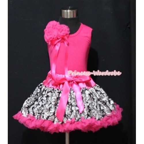 Hot Pink Damask Pettiskirt with Bunch of Hot Pink Rosettes with Ribbon Hot Pink Tank Top MH041 