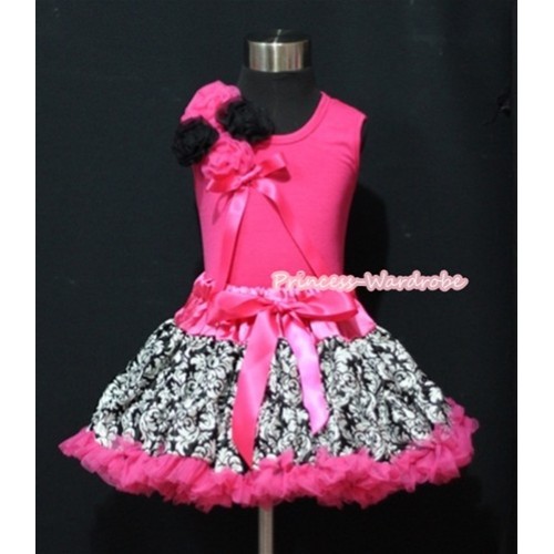 Hot Pink Damask Pettiskirt with Bunch of Hot Pink Black Rosettes with Hot Pink Ribbon Hot Pink Tank Top MH042 