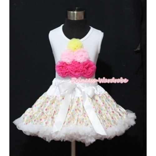 White Rainbow Polka Dots Pettiskirt With White Tank Top With Yellow Light Pink Hot Pink Rosettes Birthday Cake Print MW101 