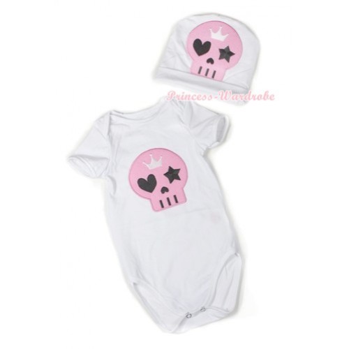 Halloween White Baby Jumpsuit with Light Pink Skeleton Print with Cap Set JP48 