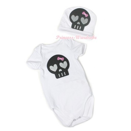 Halloween White Baby Jumpsuit with Black Skeleton Print with Cap Set JP49 