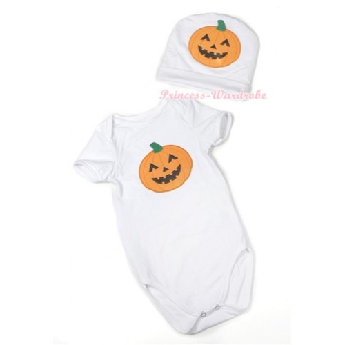 Halloween White Baby Jumpsuit with Pumpkin Print with Cap Set JP50 