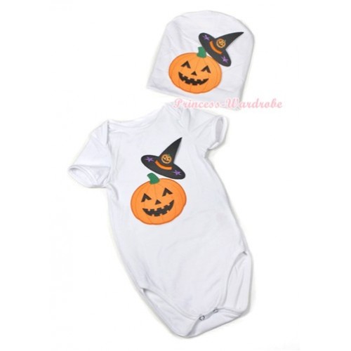 Halloween White Baby Jumpsuit with Pumpkin Witch Hat & Pumpkin Print with Cap Set JP51 