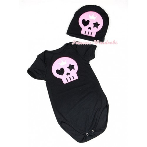 Halloween Black Baby Jumpsuit with Light Pink Skeleton Print with Cap Set JP53 
