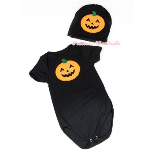Halloween Black Baby Jumpsuit with Pumpkin Print with Cap Set JP54 
