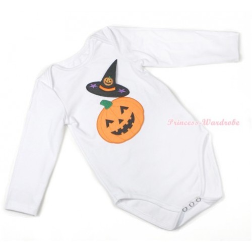 Halloween White Long Sleeve Baby Jumpsuit with Pumpkin Witch Hat & Pumpkin Print LS212 