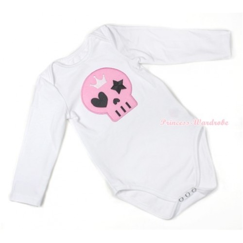 Halloween White Long Sleeve Baby Jumpsuit with Light Pink Skeleton Print LS213 