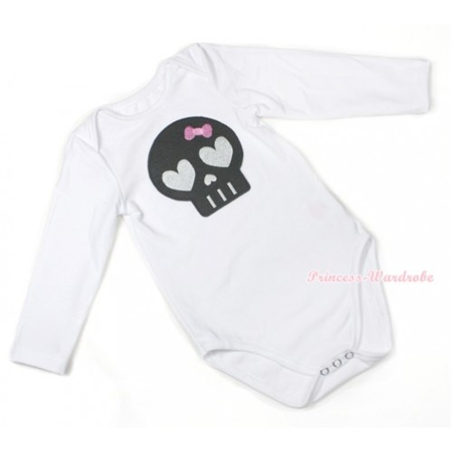 Halloween White Long Sleeve Baby Jumpsuit with Black Skeleton Print LS214 