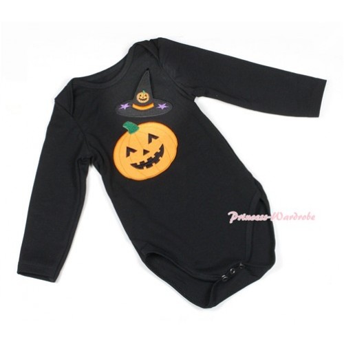 Halloween Black Long Sleeve Baby Jumpsuit with Pumpkin Witch Hat & Pumpkin Print LS215 