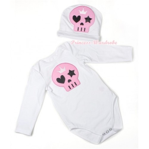 Halloween White Long Sleeve Baby Jumpsuit with Light Pink Skeleton Print with Cap Set LS106 