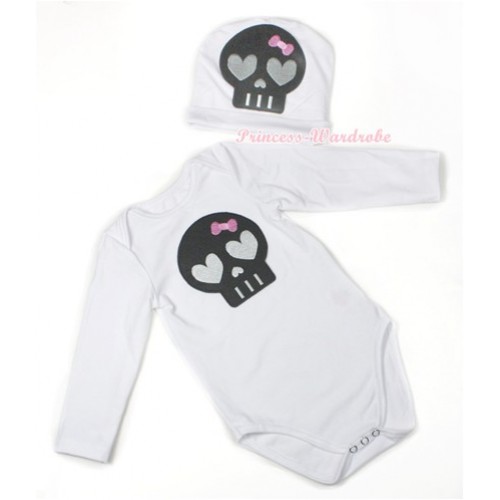 Halloween White Long Sleeve Baby Jumpsuit with Black Skeleton Print with Cap Set LS107 