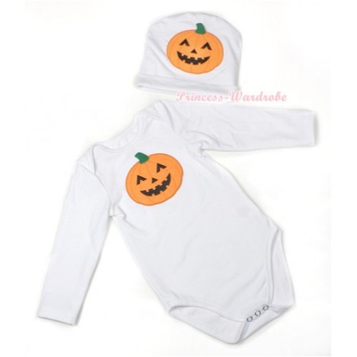 Halloween White Long Sleeve Baby Jumpsuit with Pumpkin Print with Cap Set LS108 