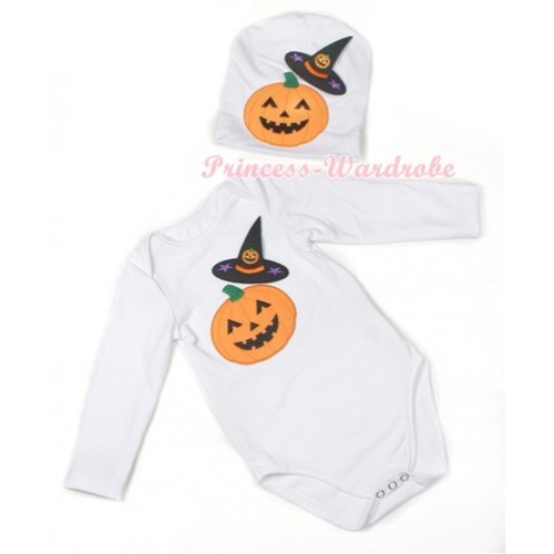 Halloween White Long Sleeve Baby Jumpsuit with Pumpkin Witch Hat & Pumpkin Print with Cap Set LS109 