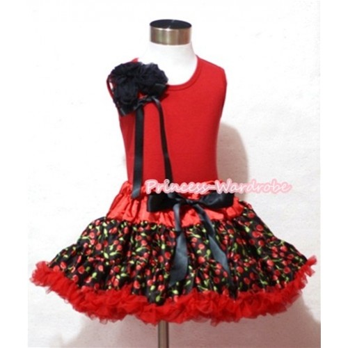 Hot Red Black Cherry Pettiskirt with Red Tank Top with Bunch of Black Rosettes and Black Ribbon M451 