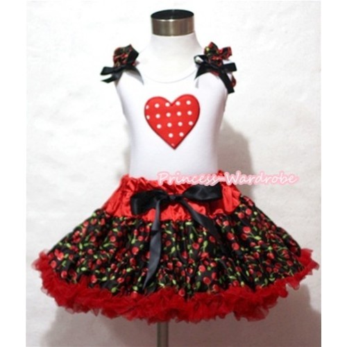 Red White Polka Dots Heart Print White Tank Top With Black Cherry Ruffles & Black Bows With Hot Red Black Cherry Pettiskirt MM231 