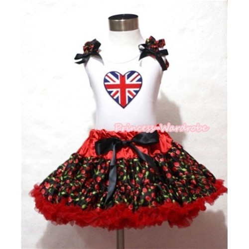 Hot Red Black Cherry Pettiskirt with Patriotic British Heart Print White Tank Top With Black Cherry Ruffles and Black Bow MM241 