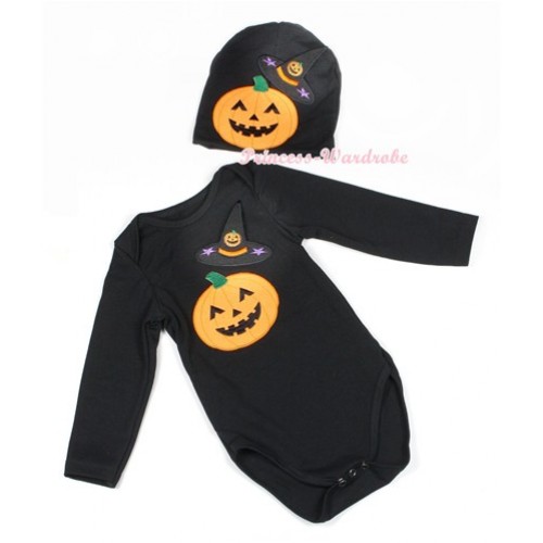 Halloween Black Long Sleeve Baby Jumpsuit with Pumpkin Witch Hat & Pumpkin Print with Cap Set LS110 