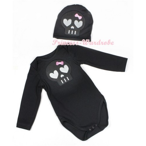 Halloween Black Long Sleeve Baby Jumpsuit with Black Skeleton Print with Cap Set LS113 
