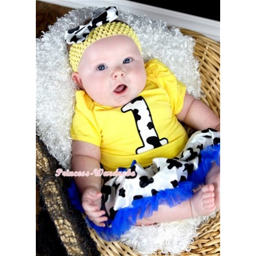 Yellow Baby Jumpsuit Royal Blue Milk Cow Pettiskirt With 1st Milk Cow Birthday Number Print With Yellow Headband Milk Cow Satin Bow JS1305 