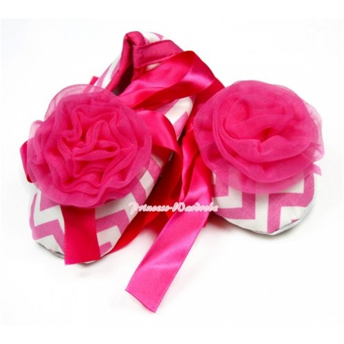 Hot Pink White Wave Crib Shoes With Hot Pink Ribbon With Hot Pink Rosettes S594 