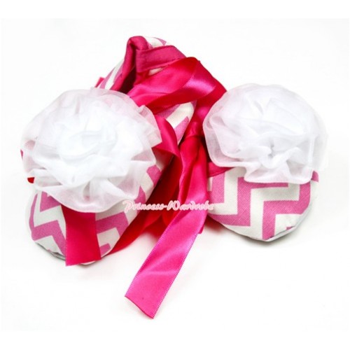 Hot Pink White Wave Crib Shoes With Hot Pink Ribbon With White Rosettes S595 