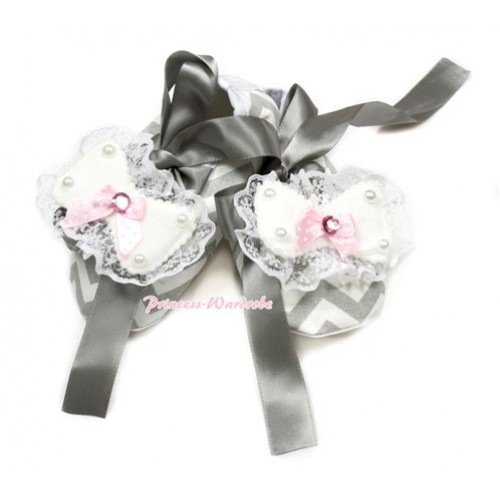 Grey White Wave Crib Shoes With Grey Ribbon With Lace Bow Rosettes S601 