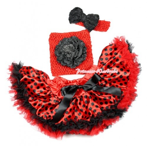 Halloween Red Black Dots Beetle Pettiskirt,Black Peony Red Crochet Tube Top, Red Headband Black Romantic Rose Bow 3PC Set CT632 