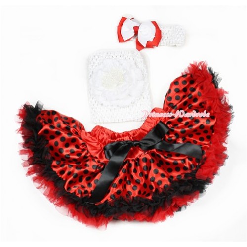 Halloween Red Black Dots Beetle Pettiskirt,White Peony White Crochet Tube Top, White Headband White Red Ribbon Bow 3PC Set CT634 