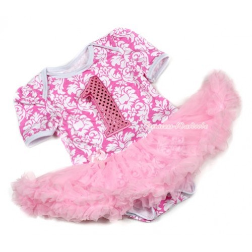 Light Pink White Damask Baby Jumpsuit Light Pink Pettiskirt with 1st Sparkle Light Pink Birthday Number Print JS1353 