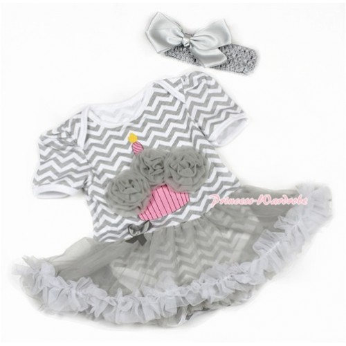 Grey White Wave Baby Jumpsuit Grey Pettiskirt With Grey Rosettes Birthday Cake Print With Grey Headband Grey Silk Bow JS1366 