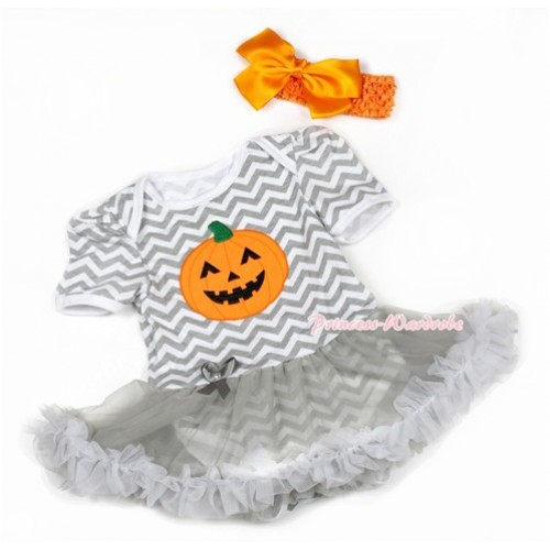 Halloween Grey White Wave Baby Jumpsuit Grey Pettiskirt With Pumpkin Print With Orange Headband Orange Silk Bow JS1372 