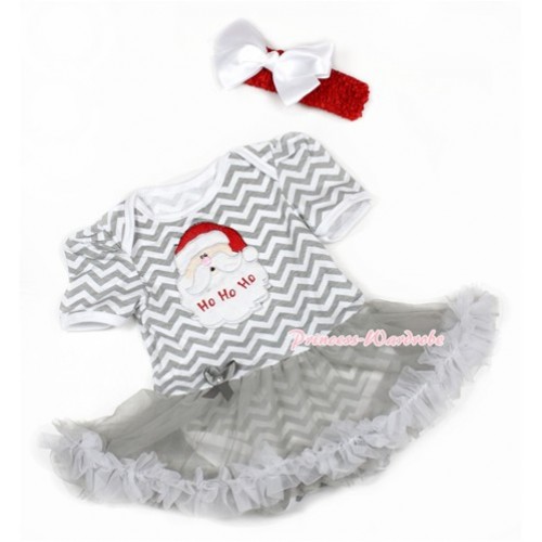 Xmas Grey White Wave Baby Jumpsuit Grey Pettiskirt With Santa Claus Print With Red Headband White Silk Bow JS1373 
