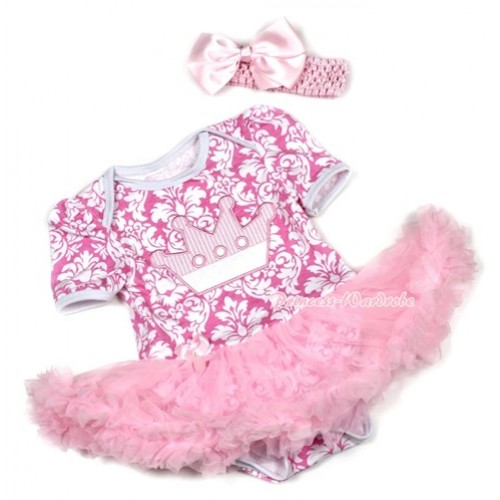 Light Pink White Damask Baby Jumpsuit Light Pink Pettiskirt With Crown Print With Light Pink Headband Light Pink Silk Bow JS1378 