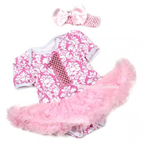 Light Pink White Damask Baby Jumpsuit Light Pink Pettiskirt With 1st Sparkle Light Pink Birthday Number Print With Light Pink Headband Light Pink Silk Bow JS1380 