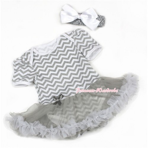Grey White Wave Baby Jumpsuit Grey Pettiskirt With Grey Headband White Silk Bow JS1360 
